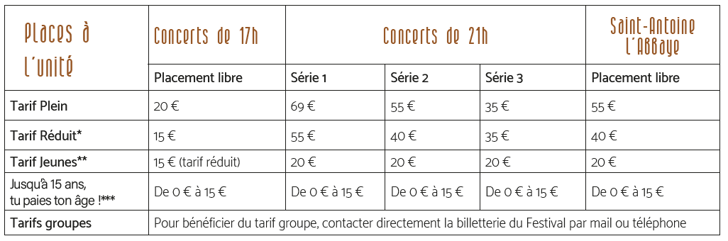 Les tarifs - Places à l'unité